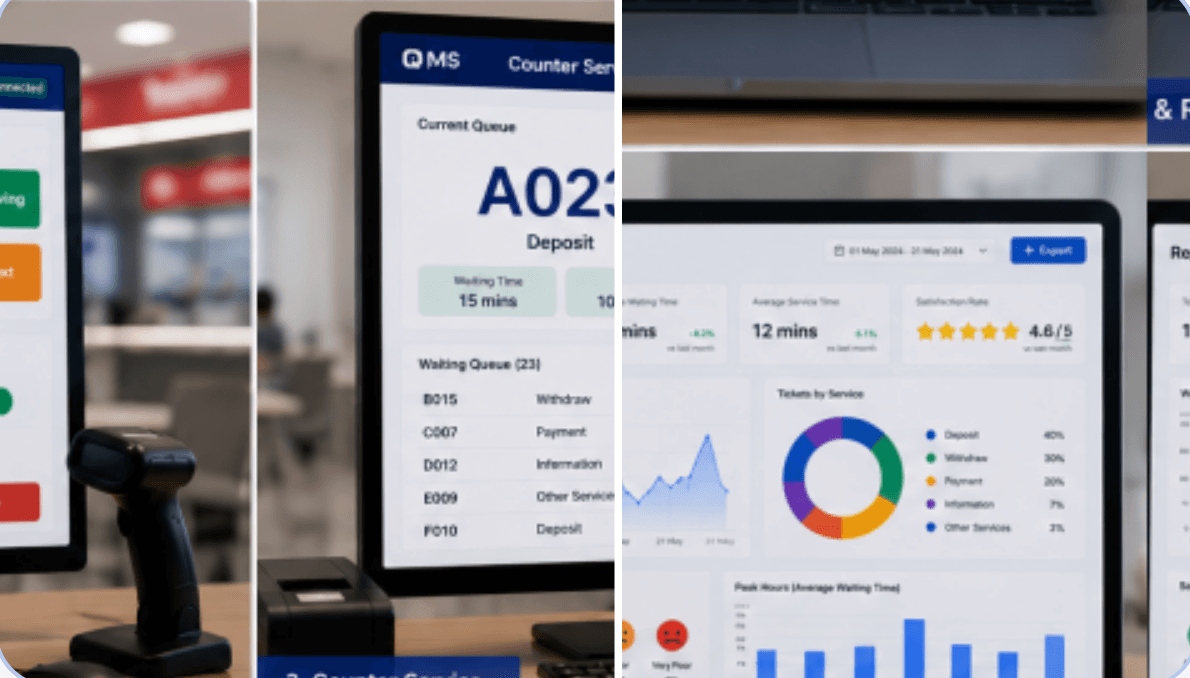 Queue tablet & analytics screens