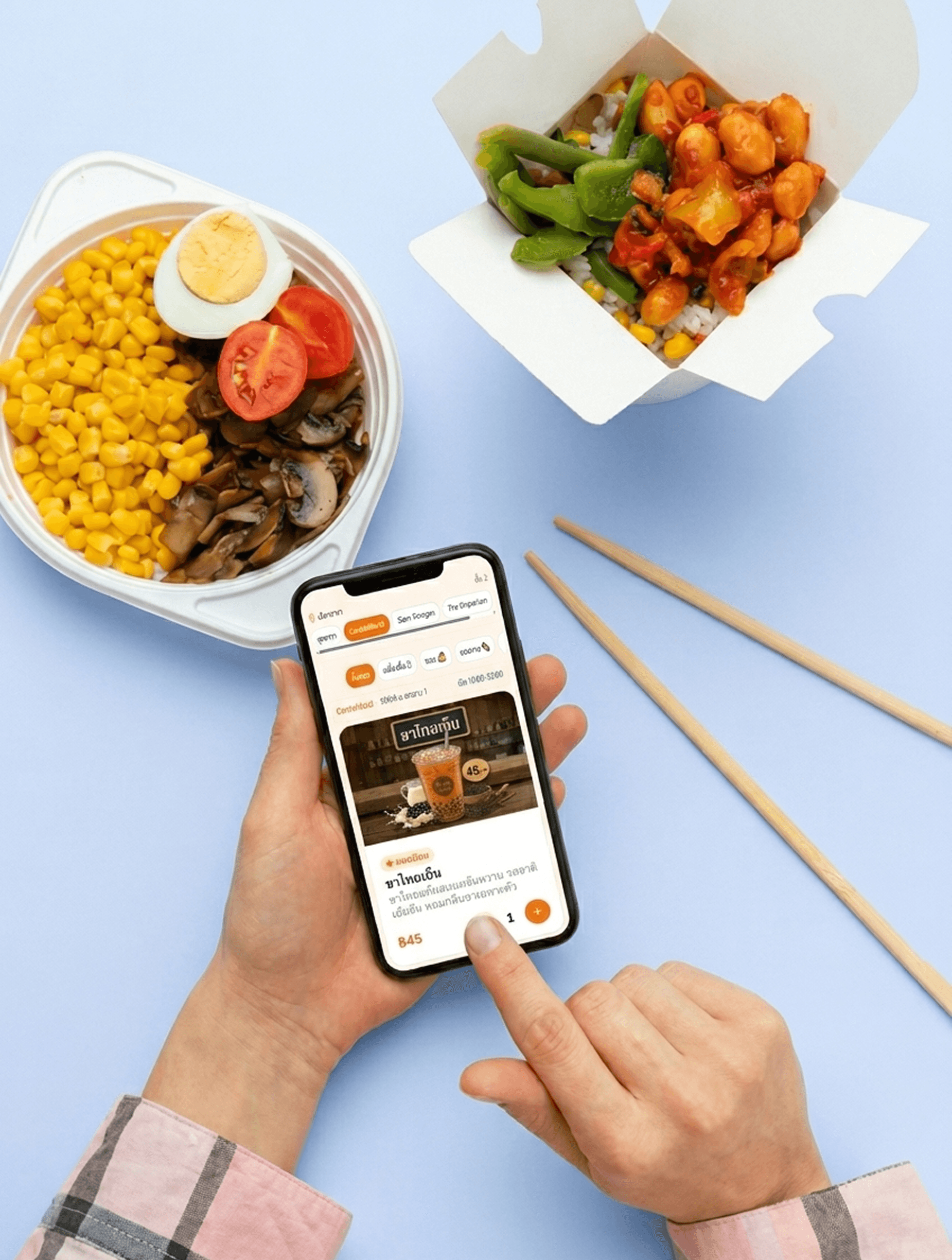Customer ordering food via the Sweetie Queue app